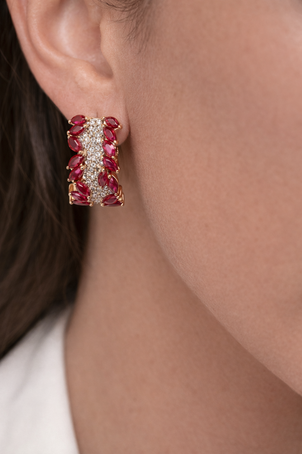 Rose Gold Ruby and Diamond Hoop Earrings