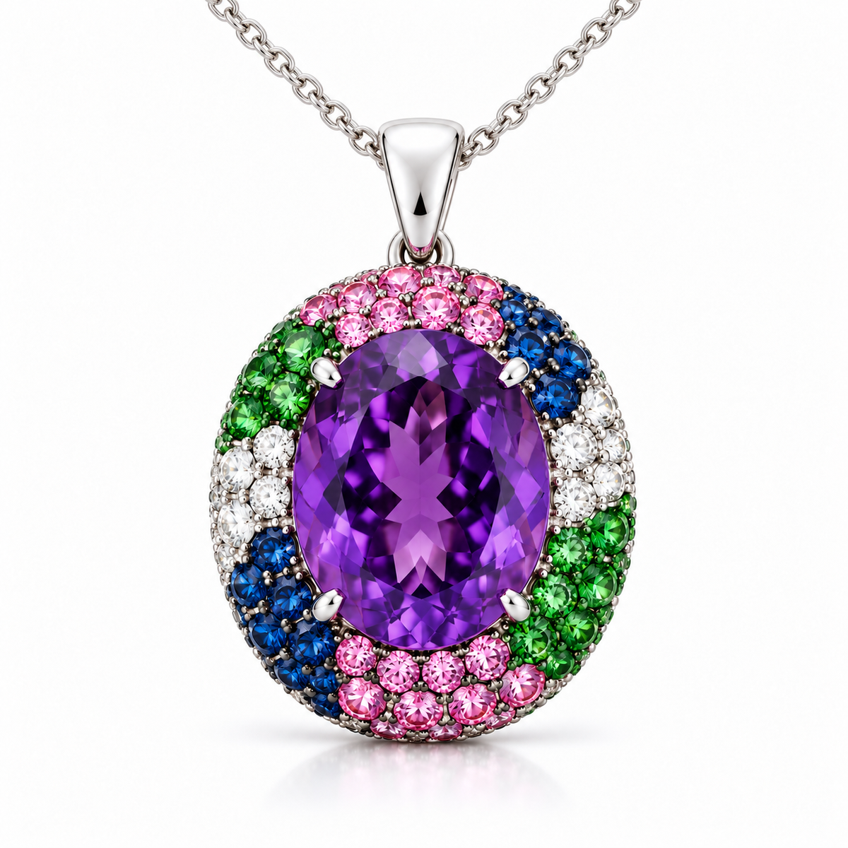 4.40ctw Amethyst & Multicolor Gemstone Halo Pendant in 18K White Gold