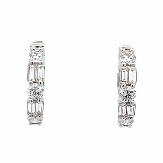 18K White Gold Baguette And Round Diamond Huggie Hoop Earrings (1.03ctw) 