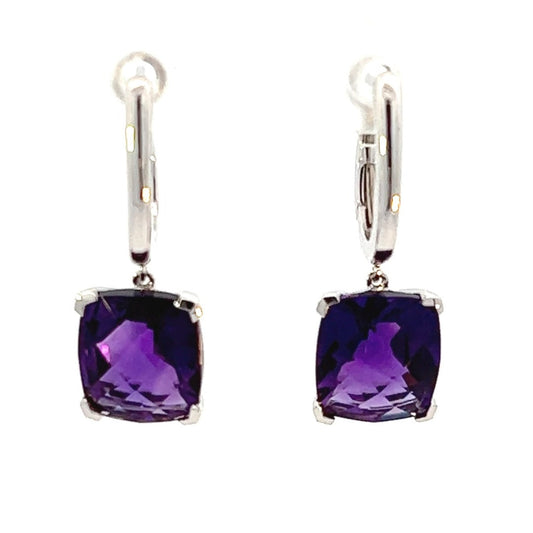 14K White Gold Cushion Cut Amethyst Dangle Earrings (6.55ctw) 