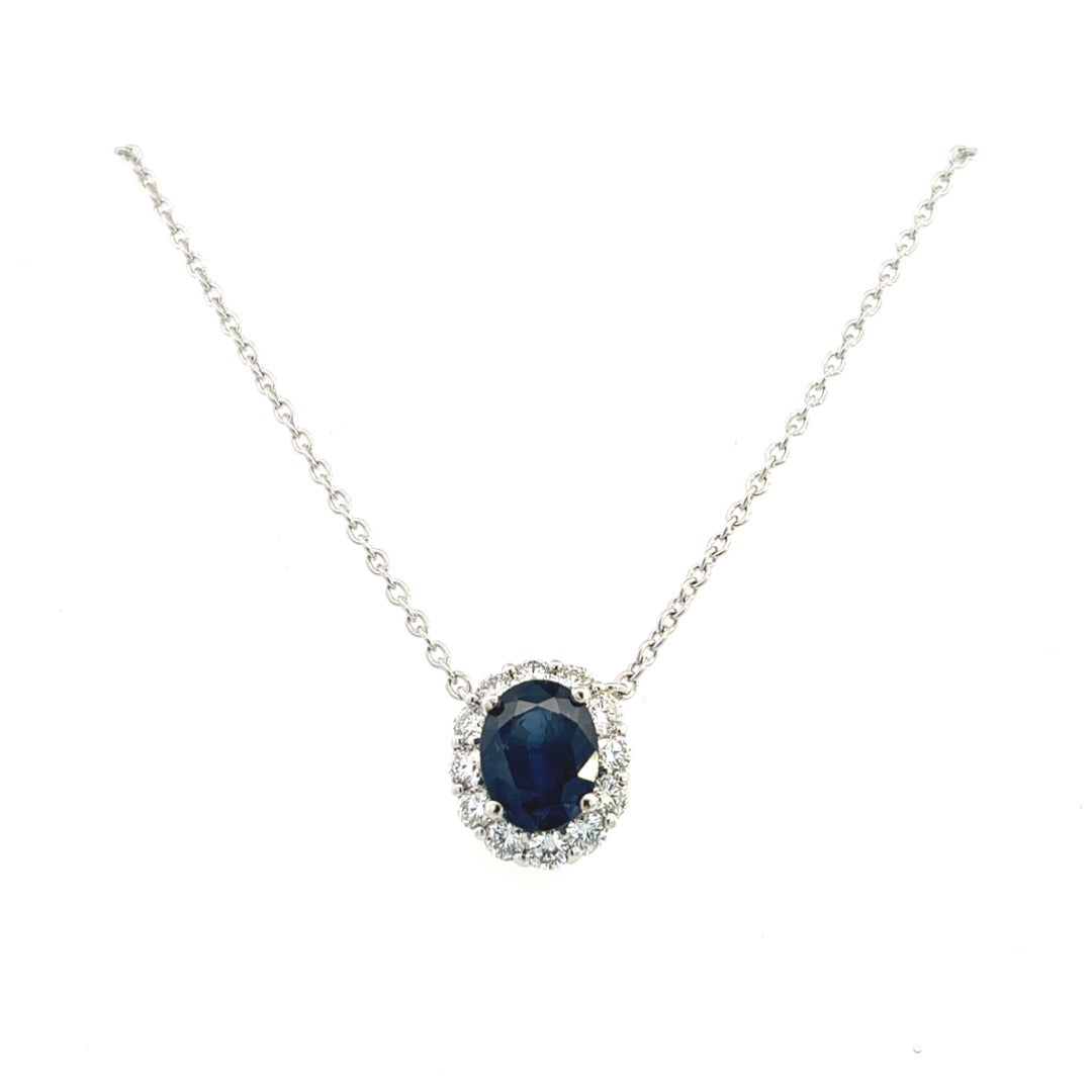 14K White Gold Oval Sapphire And Diamond Halo Necklace (3.55ctw) 