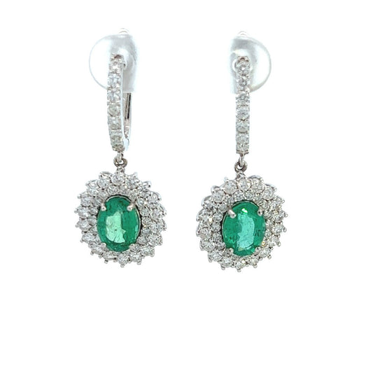 18K White Gold Emerald And Diamond Halo Dangle Earrings (4.19ctw) 