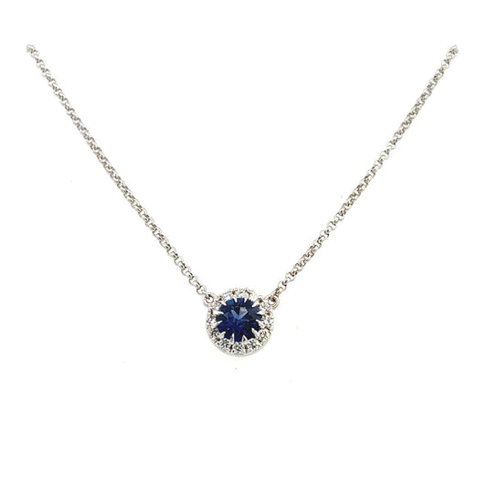 14K White Gold Round Sapphire Halo Necklace (.92ctw)