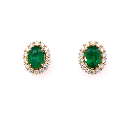 18K Yellow Gold Oval Emerald And Diamond Halo Stud Earrings (6.11ctw) 