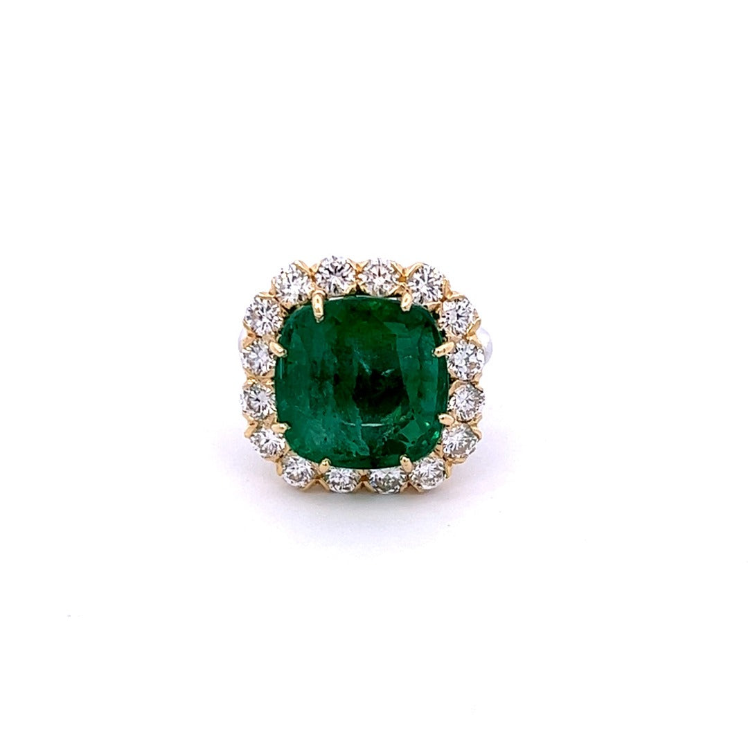 18K Yellow And White Gold Cushion Cut Emerald And Diamond Halo Ring (12.01ctw)