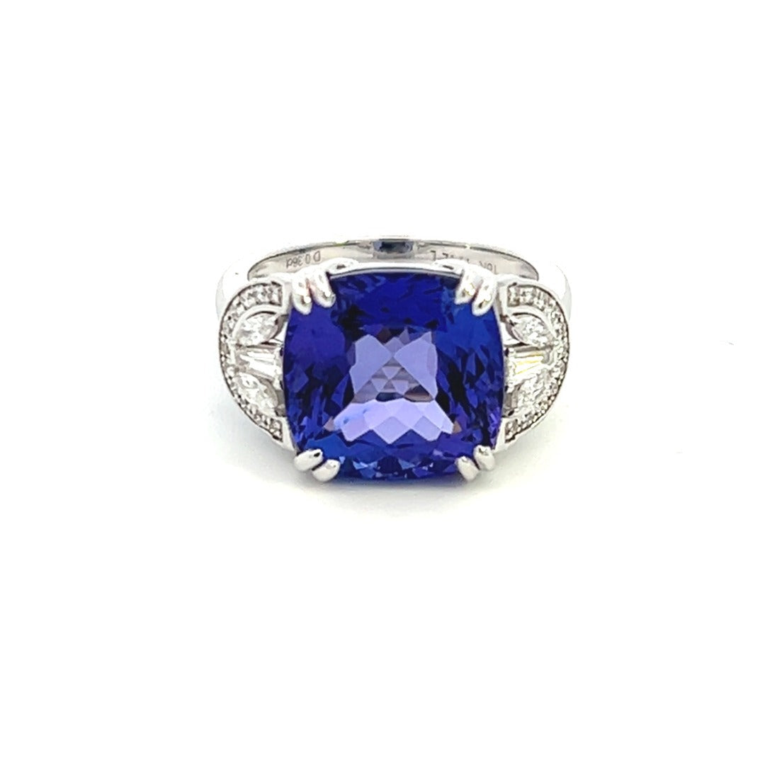 18K White Gold Cushion Tanzanite Ring With Round, Marquise And Baguette Side Diamonds (9.55ctw)