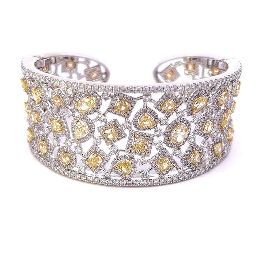 18K White Gold Fancy Yellow And White Diamond Cuff Bracelet (20.81ctw) 