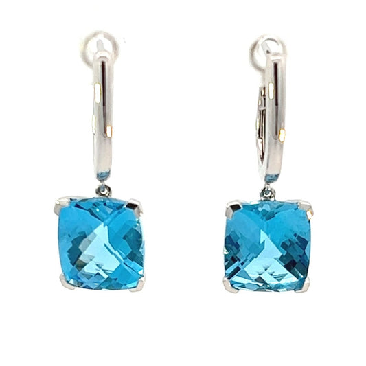 14K White Gold Cushion Cut Blue Topaz Drop Earrings (7.55ctw) 