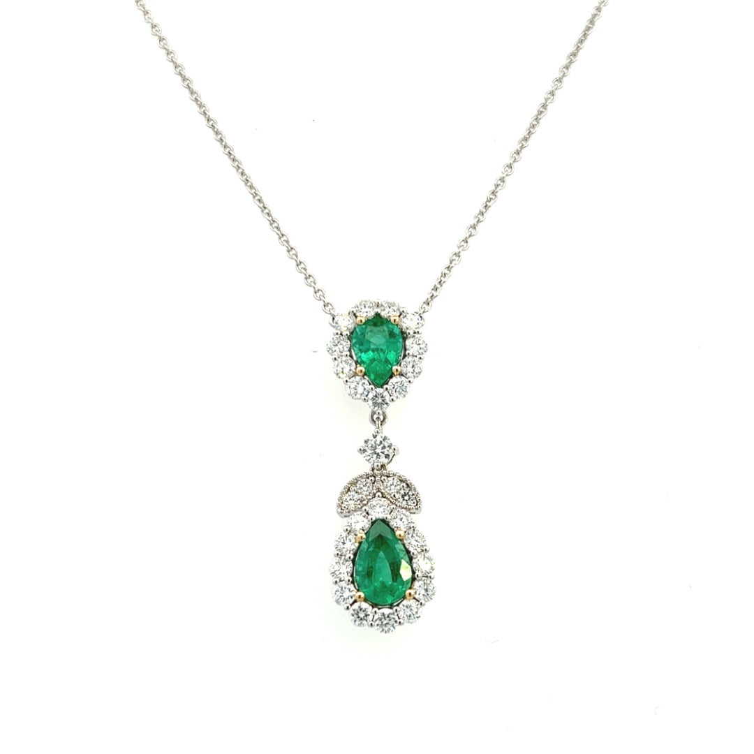 18K White and Yellow Gold Pear Shape Emerald And Diamond Halo Drop Necklace (2.96ctw) 