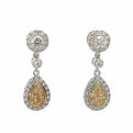 18K White And Yellow Gold Pear Shape Fancy Yellow Diamond Halo Drop Earrings (1.30ctw) 