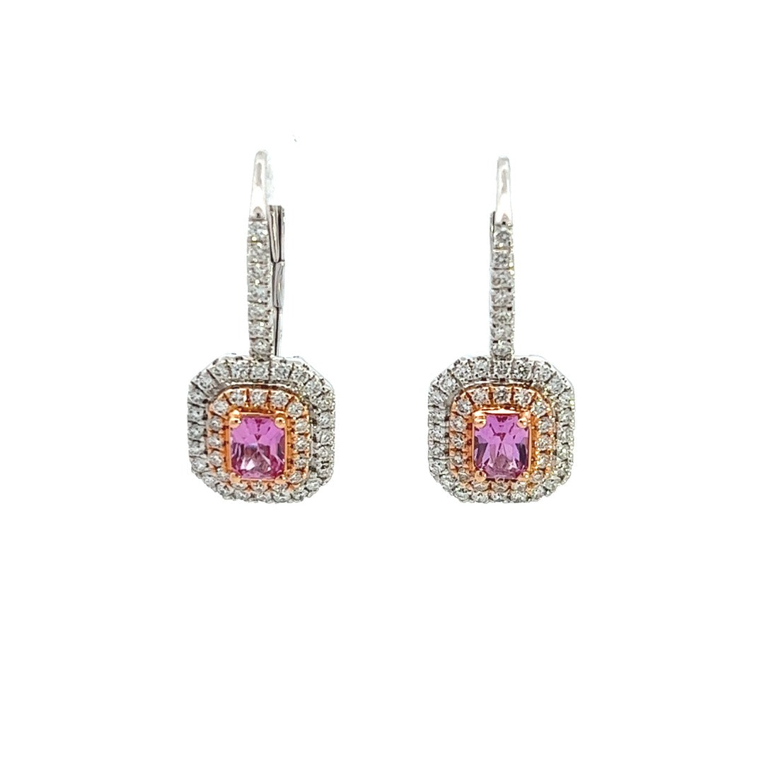 18K White And Rose Gold Pink Sapphire And Diamond Halo Drop Earrings (1.68ctw)