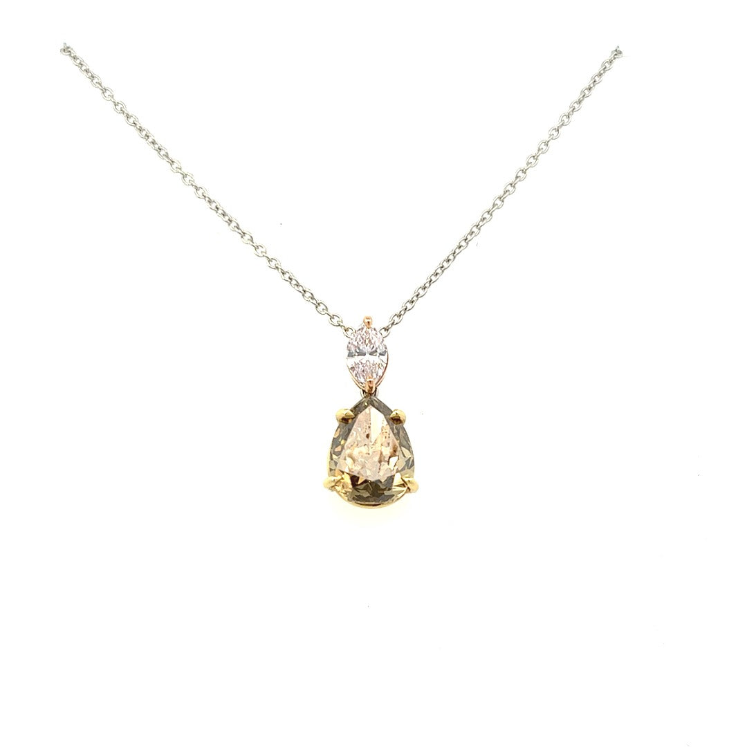 18K Rose And Yellow Gold Fancy Dark Brown-Greenish Yellow Pear Shape Diamond Pendant (2.86ctw) 