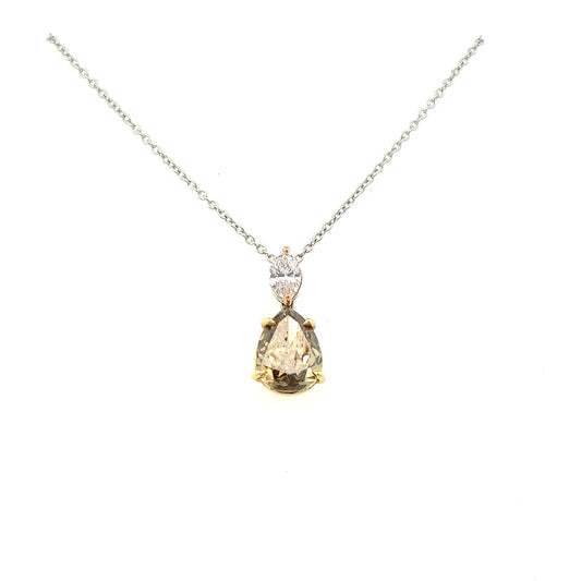 18K Rose And Yellow Gold Fancy Dark Brown-Greenish Yellow Pear Shape Diamond Pendant (2.86ctw) 