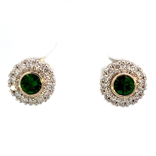 14K White And Yellow Gold Tsavorite Garnet Diamond Halo Stud Earrings (.86ctw)