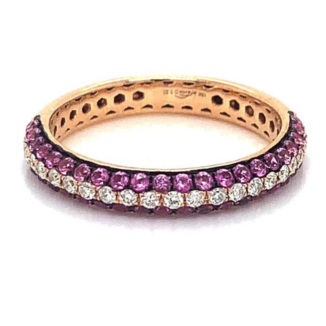 18K Rose Gold Three Row Pink Sapphire And Diamond Pave Ring (.81ctw)