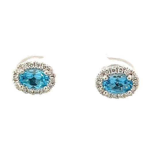 14K White Gold Swiss Blue Topaz And Diamond Halo Stud Earrings ( 1.38ctw) 