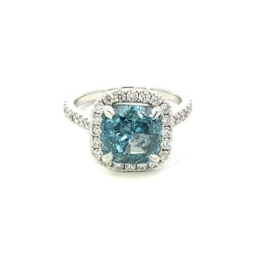 18K White Gold Cushion Cut Lab Grown Blue Diamond Halo Ring (4.76ctw)