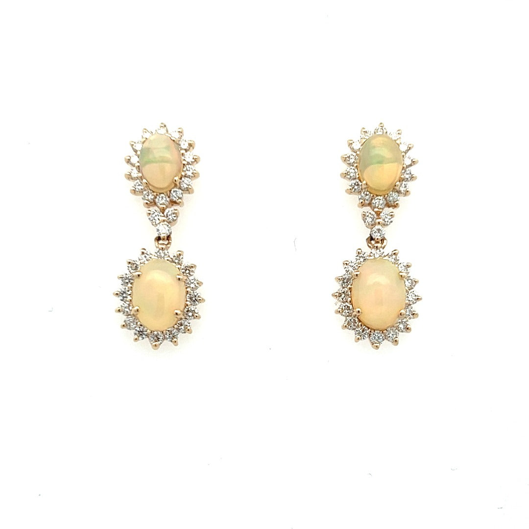 14K Yellow Gold Oval Opal And Diamond Halo Drop Earrings (4.10ctw)