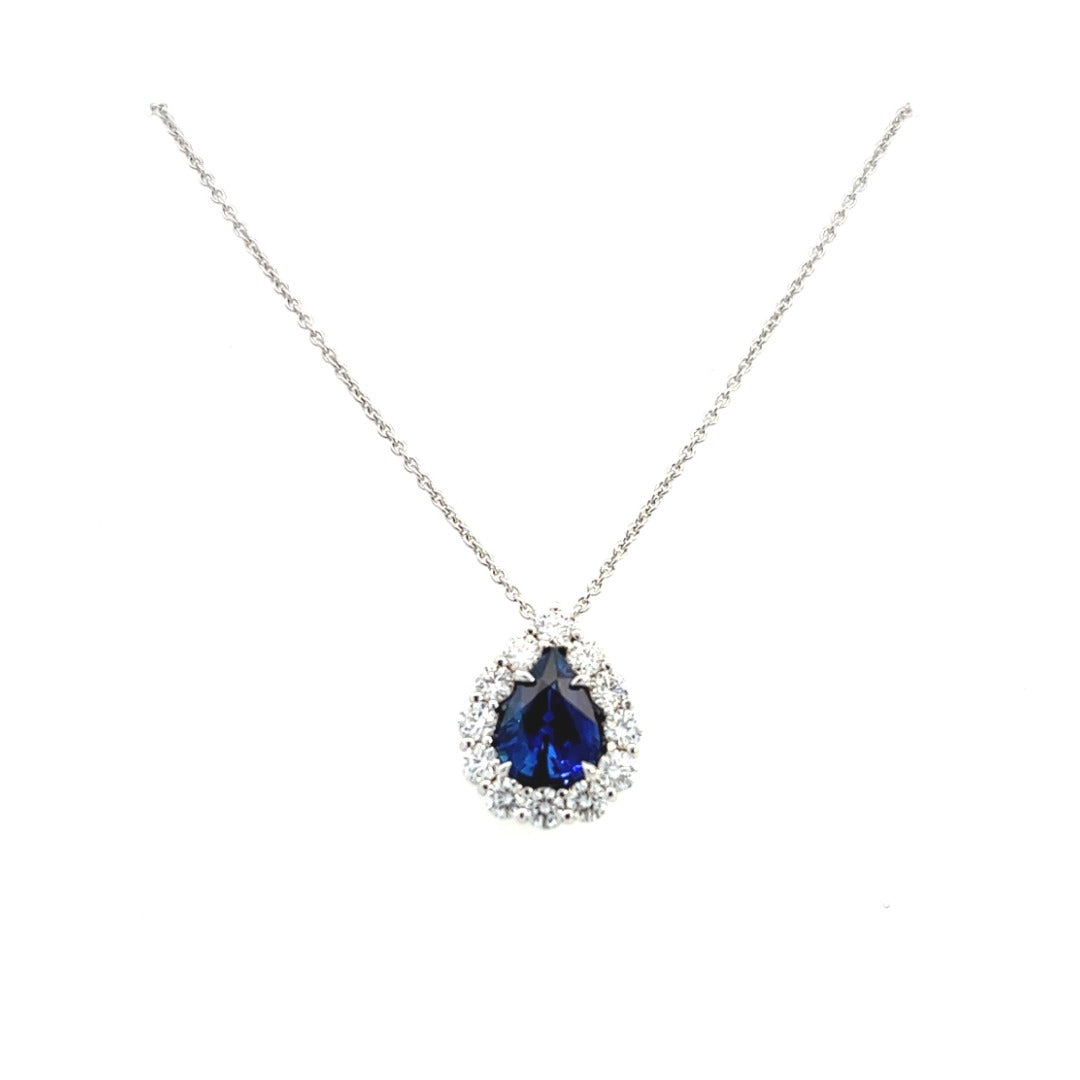 18K White Gold Pear Shape Sapphire And Diamond Halo Necklace (2.81ctw)