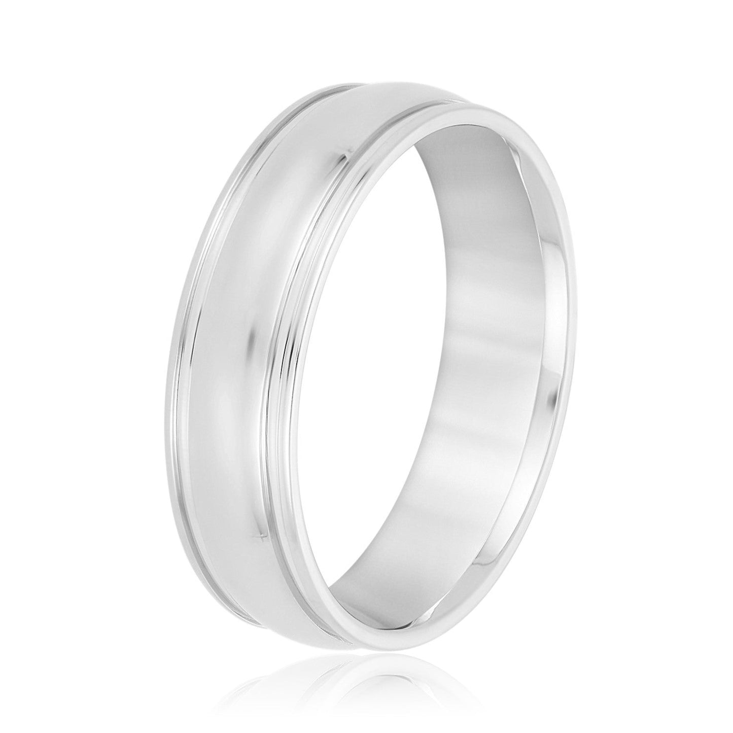 14K White Gold Men's 6mm Domed Wedding Ring With Beveled Edge