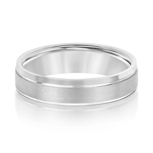 14K White Gold Men's 6MM Wedding Band With Satin Finish And High Polish Beveled Edges 