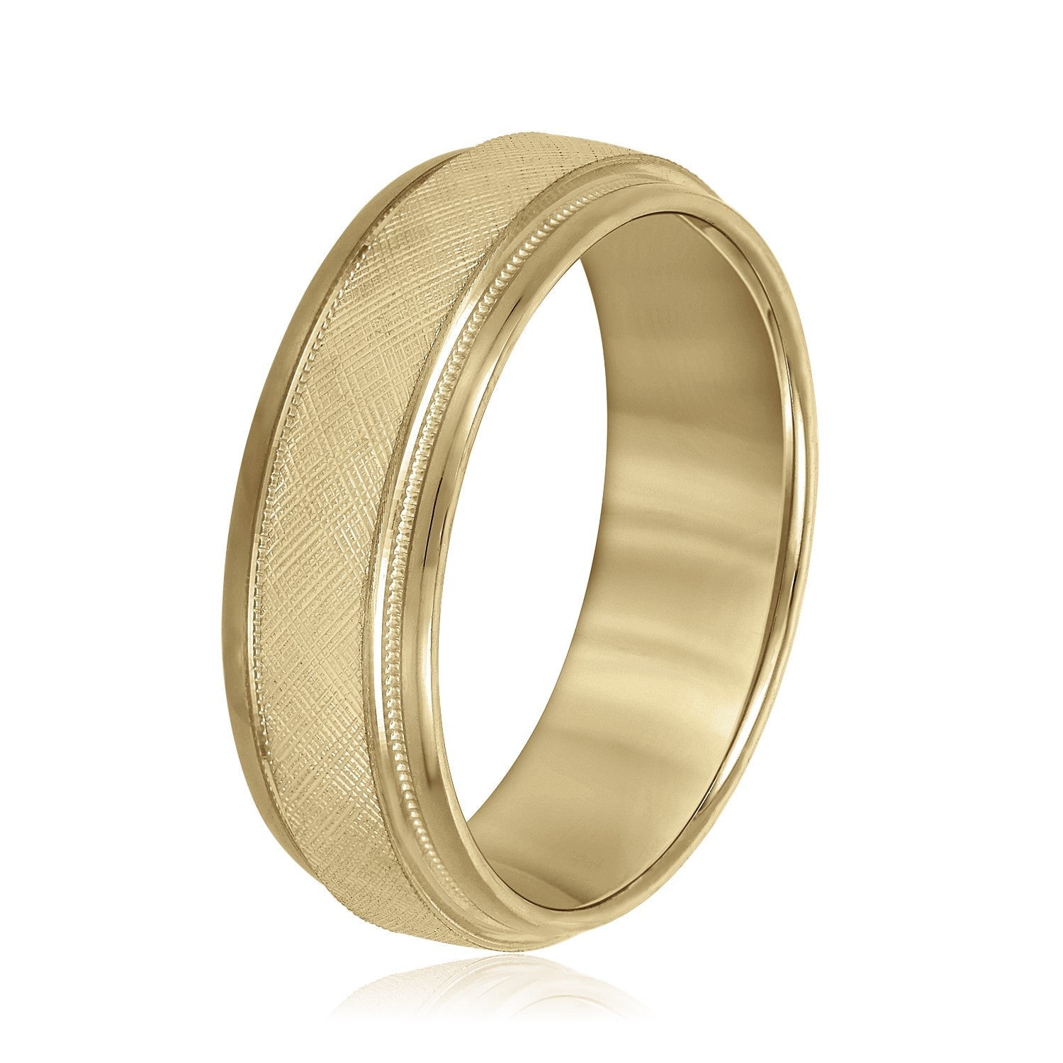 14K Yellow Gold Men's 6MM Beveled Wedding Ring With Florentine Finish And Milgrain Accents