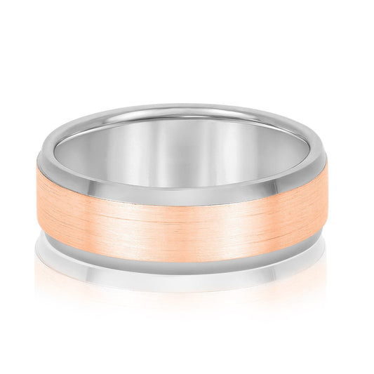 14K White And Rose Gold Men's 6MM Beveled Edge Wedding Ring With Satin Finish 