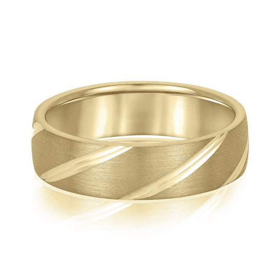 14K Yellow Gold Men's 6MM Wedding Band With Grooves And Brushed Finish 