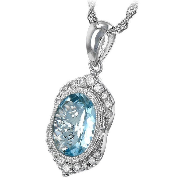 14K Oval Bezel Set Aquamarine And Diamond Pendant (1.54ctw)