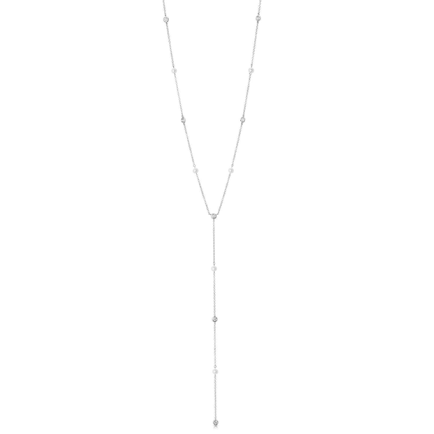 14K White Gold Pearl And Diamond Y Necklace (.49tw)