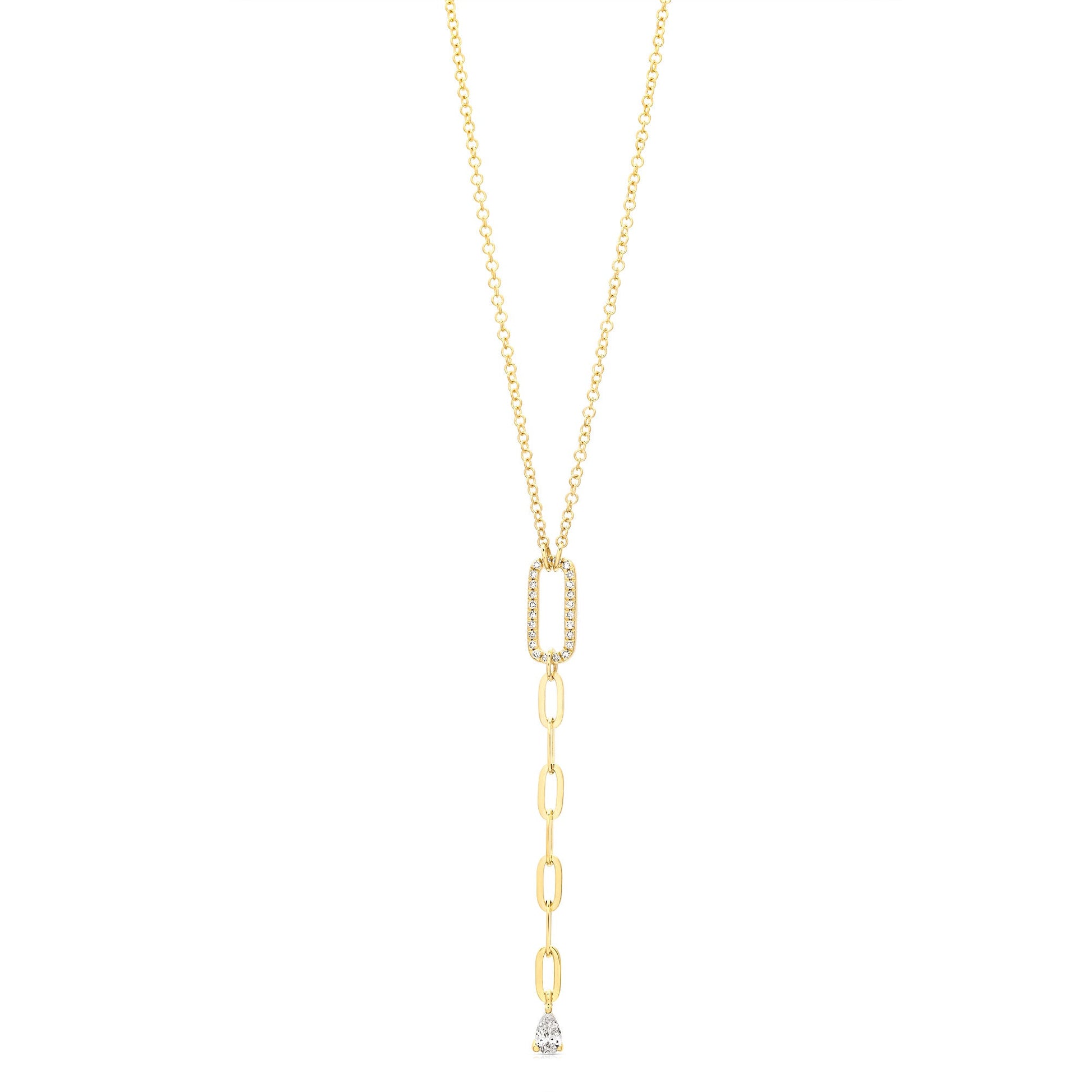 14K Yellow Gold Dangling Pear Shape Paperclip Necklace (.14ctw)