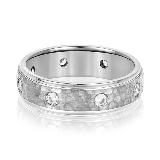 14K White Gold Men's 6MM Diamond Eternity Wedding Ring With Hammered Finish (.50ctw)