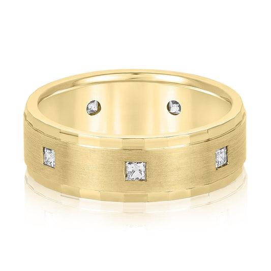 14K Yellow Gold Men's 7MM Princess Cut Diamond Eternity Wedding Ring With Fluted Beveled Edge (.50ctw)