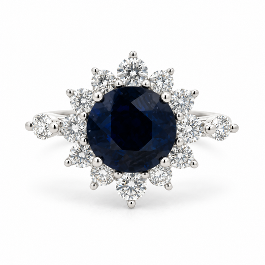 2.80ct Round Blue Sapphire & Diamond Starburst Ring in Platinum