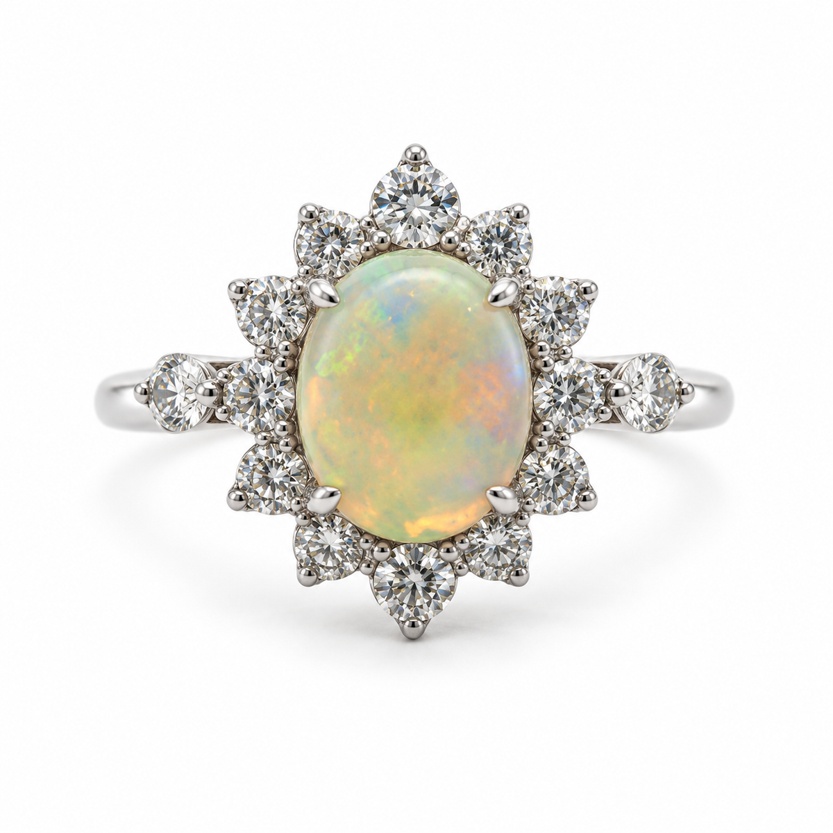 1.54ctw Oval Opal and Diamond Starburst Ring in Palladium & 18K White Gold