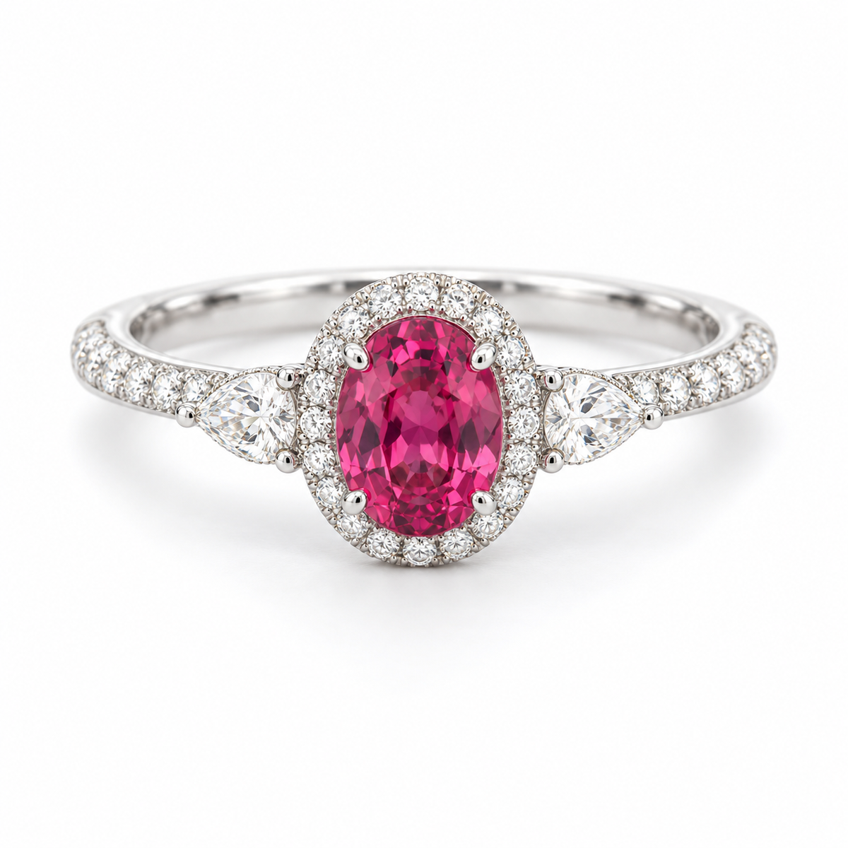1.36ct Oval Burma Pink Spinel and Diamond Halo Ring in 18K White Gold