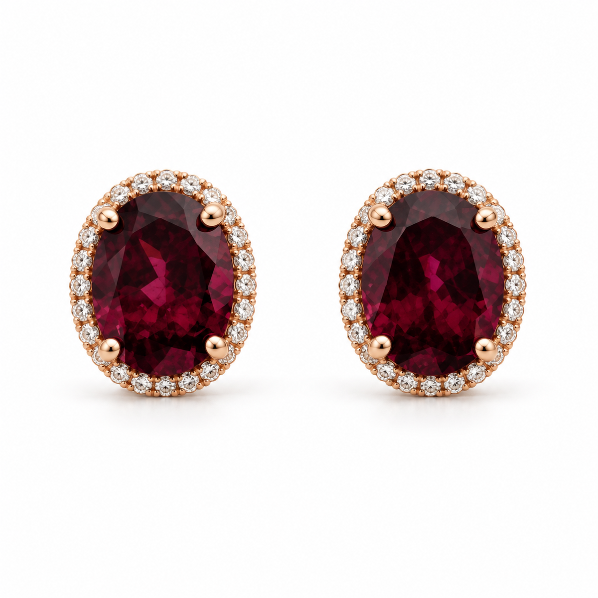 4.92ctw Oval Rubellite Tourmaline and Diamond Halo Earrings in 14K Rose Gold