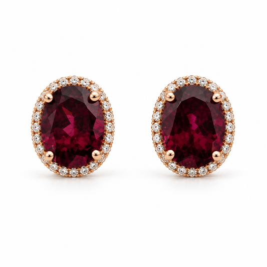4.92ctw Oval Rubellite Tourmaline and Diamond Halo Earrings in 14K Rose Gold