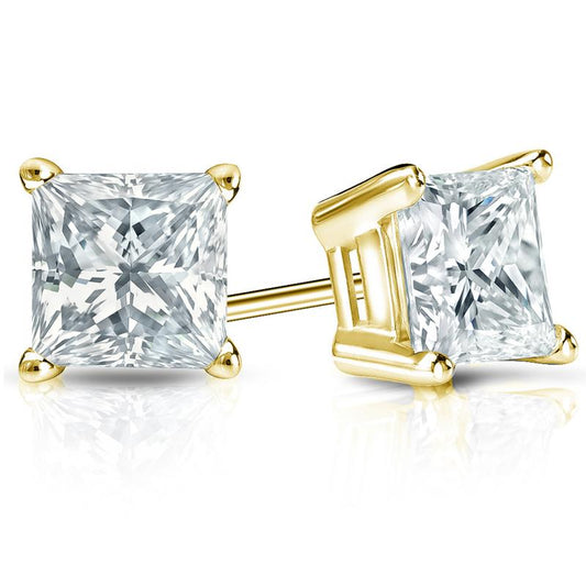 Yellow Gold Basket Set Princess Cut Lab-Grown Diamond Stud Earrings