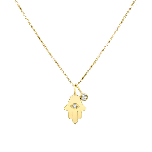 14K Éternelle Diamond Hamsa Hand Pendant with Diamond Shell Charm