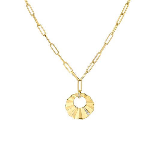 14K Linéaire Sculpted Open Medallion Diamond Pendant with Paperclip Chain