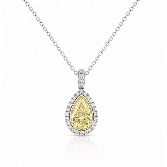 White and Yellow Gold Pear Shape Natural Fancy Yellow Diamond Halo Pendant
