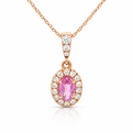 14K Rose Gold Oval Pink Sapphire And Diamond Halo Necklace (.83ctw)