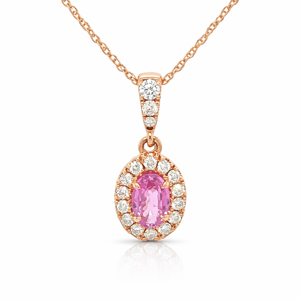 14K Rose Gold Oval Pink Sapphire And Diamond Halo Necklace (.83ctw)