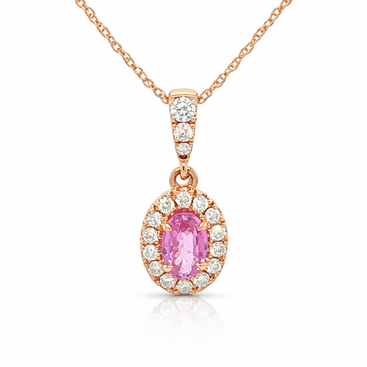 14K Rose Gold Oval Pink Sapphire And Diamond Halo Necklace (.83ctw)