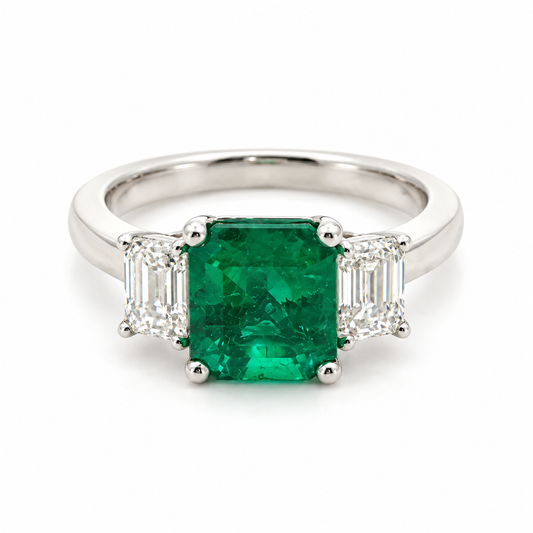 2.12ct Radiant-Cut Emerald & Emerald-Cut Diamond Ring in Platinum