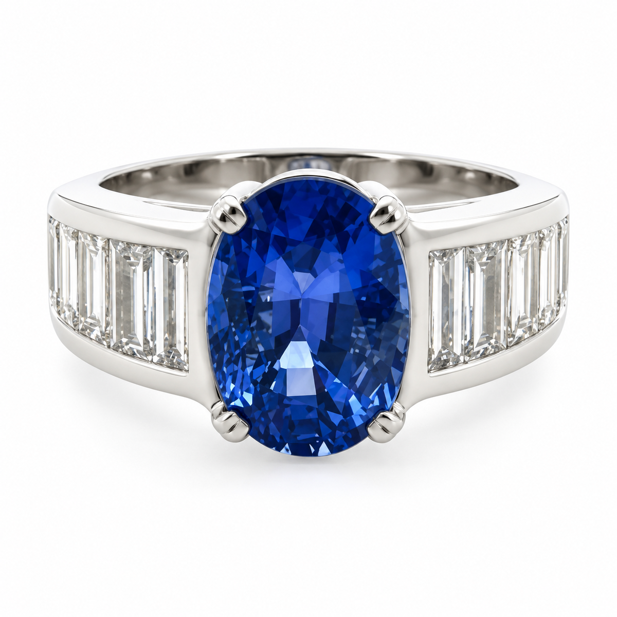 6.54ct Oval Blue Sapphire & Baguette Diamond Ring in Platinum