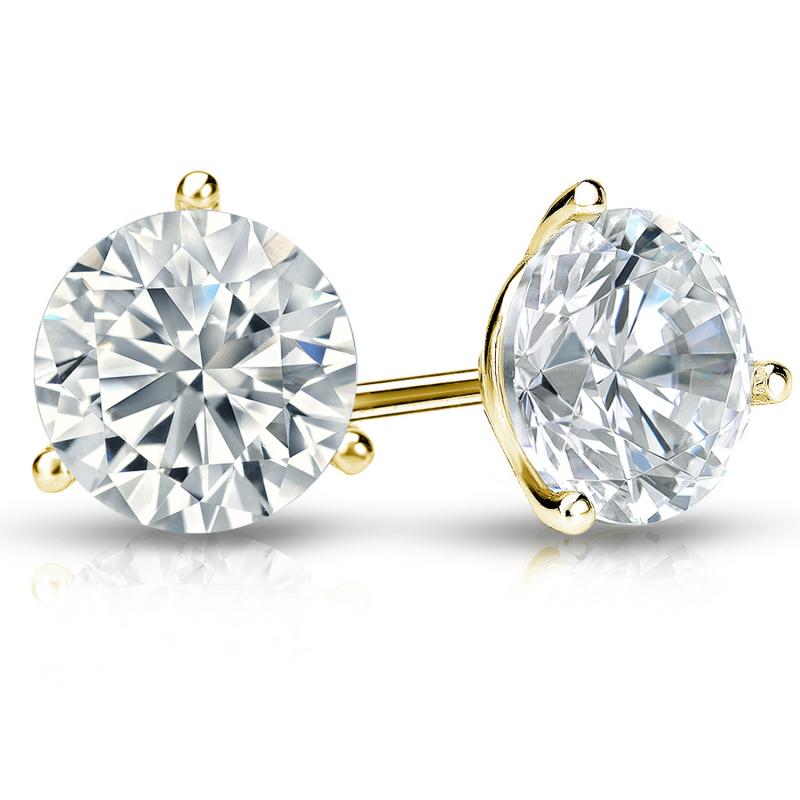 Yellow Gold Three Prong Basket Set Lab-Grown Round Brilliant Diamond Stud Earrings