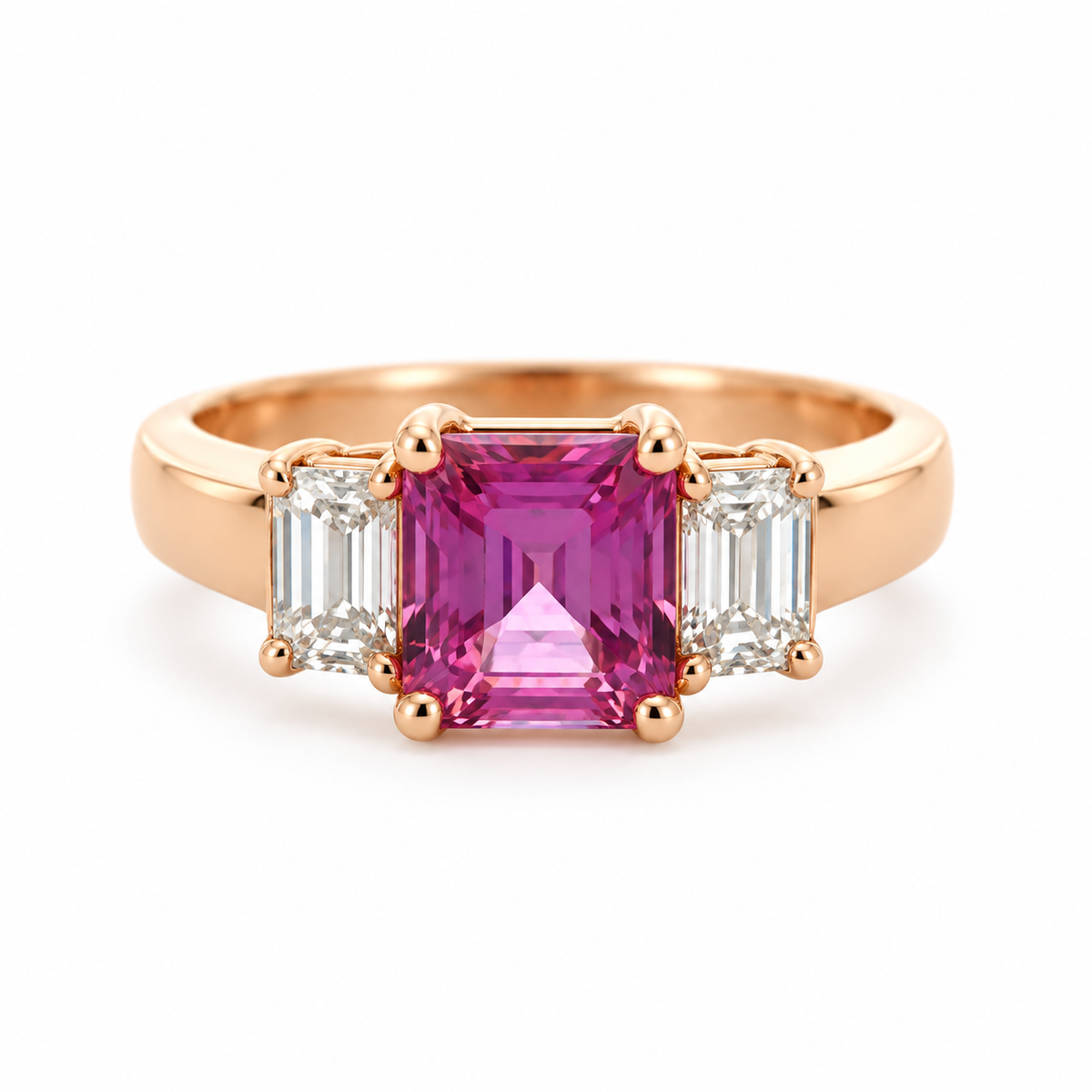 1.97ct Princess Pink Sapphire and Three-Stone Diamond Ring in 18K Rose Gold