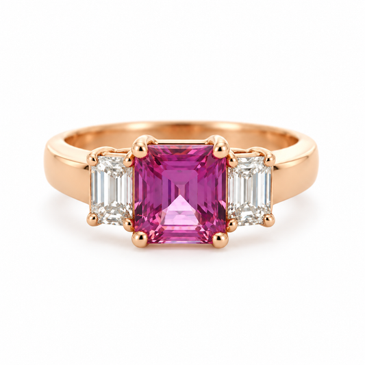 1.97ct Princess Pink Sapphire and Three-Stone Diamond Ring in 18K Rose Gold